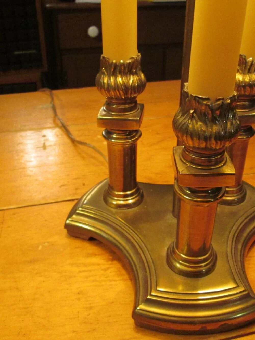 Vtg french style solid brass bouillotte 3 candlepillar 2 way light 21 in lamp